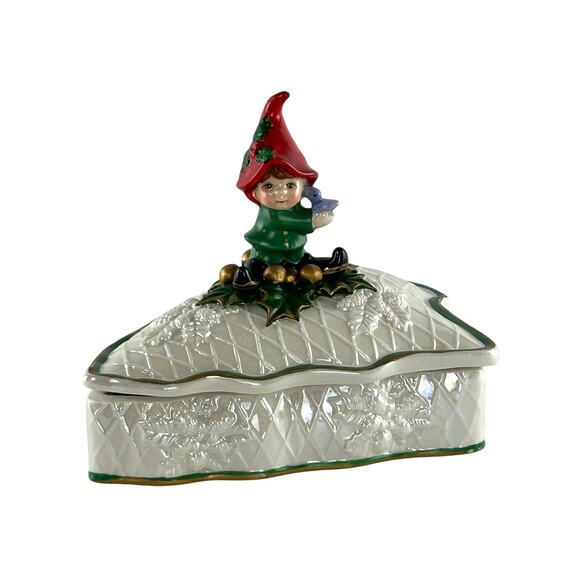 Vintage Hand Painted Cracker Barrel Christmas Tree Candy Trinket Dish With Pixie - Picture 10 of 16